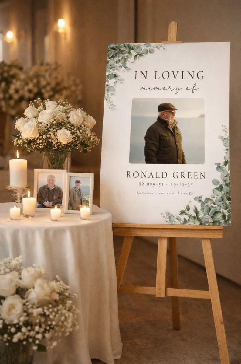 Peut inclure: Pr&eacute;sentation comm&eacute;morative avec un panneau sur chevalet, portant l'inscription &laquo;&nbsp;&Agrave; la m&eacute;moire affectueuse de Ronald Green&nbsp;&raquo;. Le panneau comprend une photo et est orn&eacute; de verdure. Roses blanches et bougies sur une table.