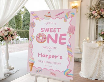 PERSONALIZED BIRTHDAY WELCOME Sign: She's A Sweet One,  First Birthday, 1st Sweets Ice Cream Pastel Pink Party Foam Board Entrance Decor