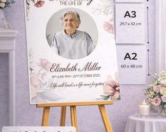 Personalized FUNERAL PHOTO BOARD: Custom Memorial Foam Sign with Floral Tribute