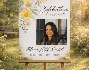 Personalized FUNERAL PHOTO BOARD – Yellow Floral Memorial Tribute Foam Sign A2 A3