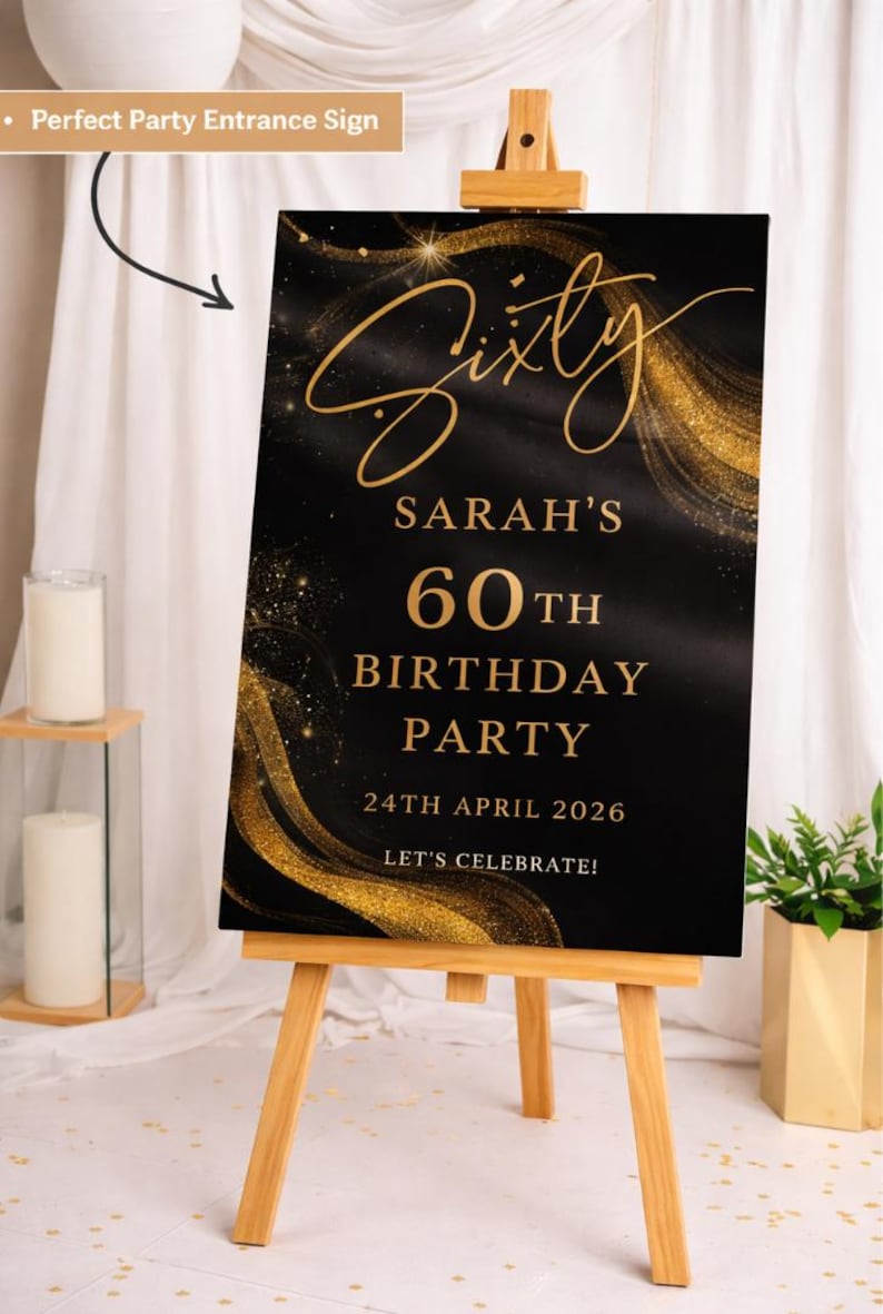 Personalised BIRTHDAY WELCOME SIGN: Custom Milestone Black Gold Glitter Birthday Board, Indoor Decoration image 9