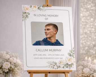 Personalized FUNERAL PHOTO BOARD: Custom White Floral Memorial Sign Uk