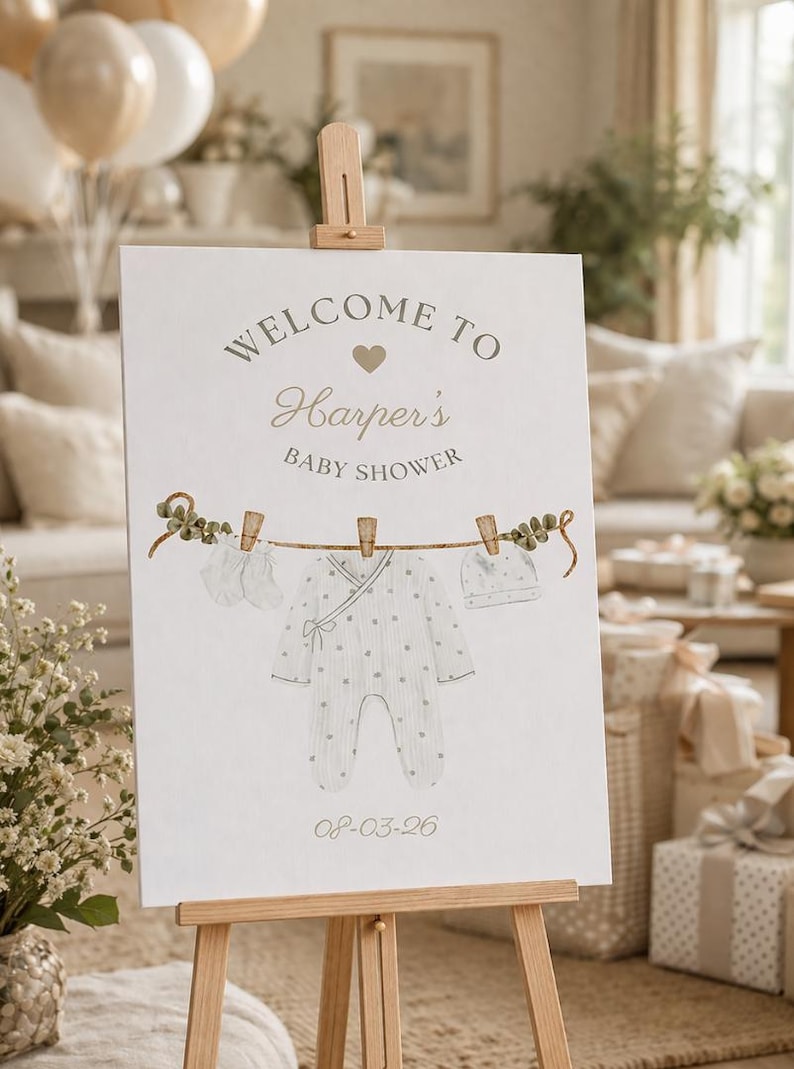 May include: A baby shower sign on a wooden easel. The sign reads "Welcome to Harper's Baby Shower" with a heart graphic. A clothesline illustration displays baby clothes, including a onesie and hat. The date "08-03-26" is printed at the bottom.