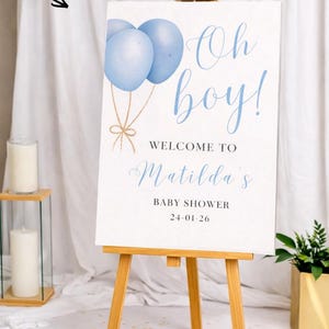 Letrero de bienvenida "Oh Boy": Decoración para baby shower con globos azules, letrero de entrada personalizado de cartón pluma. imagen 9