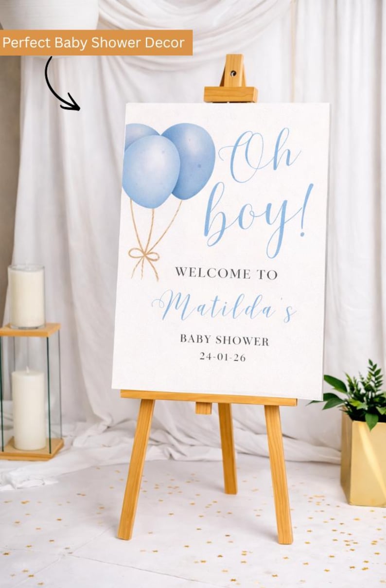 Letrero de bienvenida "Oh Boy": Decoración para baby shower con globos azules, letrero de entrada personalizado de cartón pluma. imagen 9