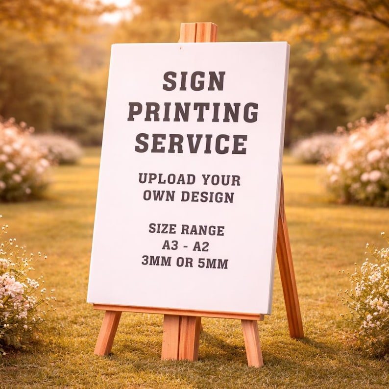 May include: A white sign on a wooden easel, displaying the text "SIGN PRINTING SERVICE". The sign also reads "UPLOAD YOUR OWN DESIGN" and "SIZE RANGE A3 - A2 3MM OR 5MM". The easel is set on a grassy area with a blurred background.