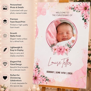 May include: A christening sign on a wooden easel, featuring a baby's photo and pink floral design. The sign reads "Welcome to the Christening of Louise Teller, Sunday, June 14th, 2026."