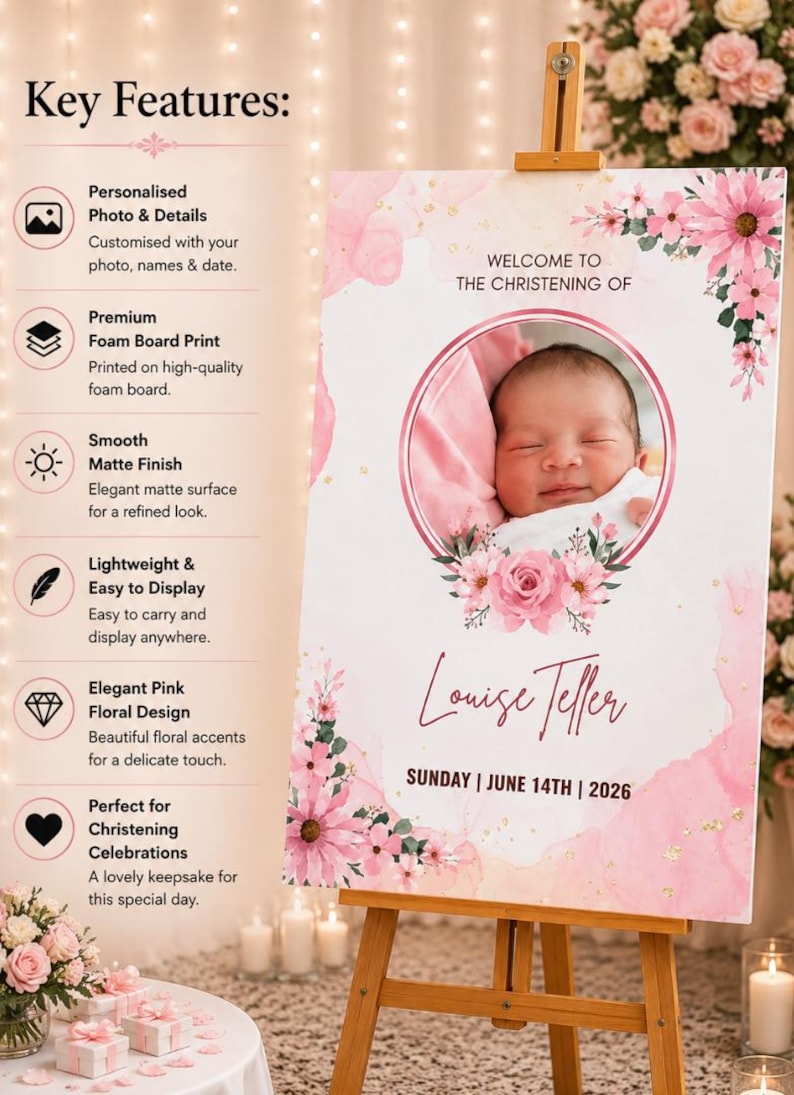 May include: A christening sign on a wooden easel, featuring a baby's photo and pink floral design. The sign reads "Welcome to the Christening of Louise Teller, Sunday, June 14th, 2026."
