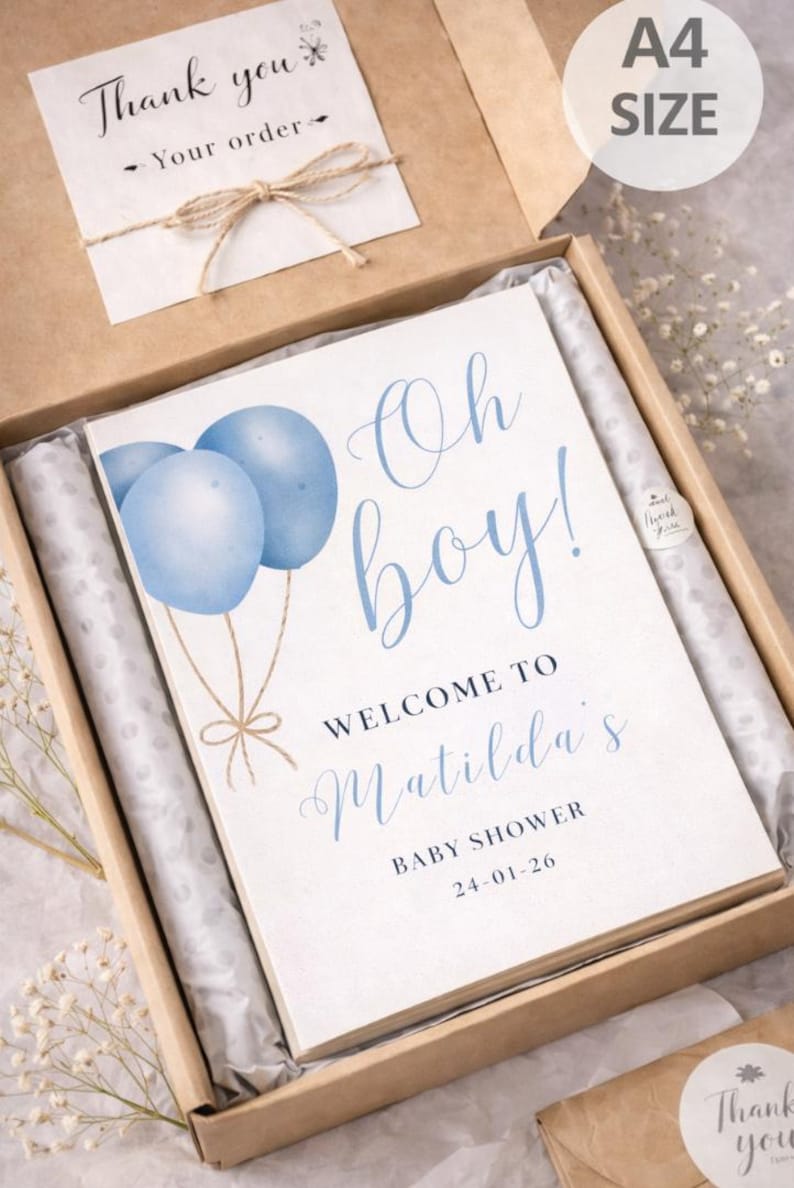 Letrero de bienvenida "Oh Boy": Decoración para baby shower con globos azules, letrero de entrada personalizado de cartón pluma. imagen 3