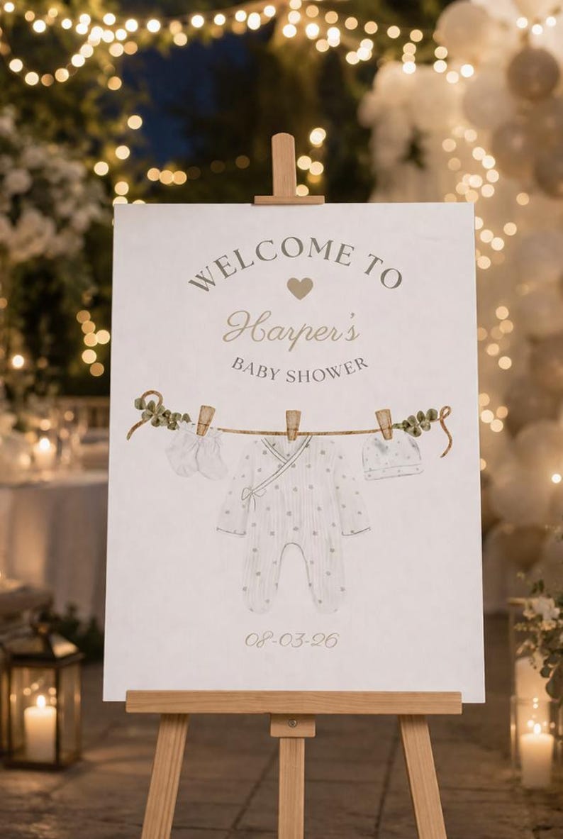 May include: A wooden easel displays a baby shower sign. The sign reads "Welcome to Harper's Baby Shower" with a heart graphic. A clothesline illustration features baby clothes, including a onesie, mittens, and a hat. The date "08-03-26" is printed at the bottom.