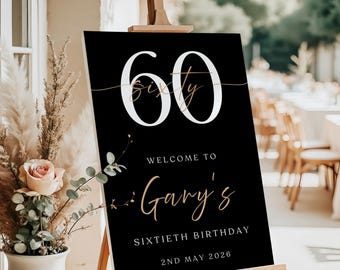 Personalised BIRTHDAY WELCOME SIGN: Custom Milestone 60th Black Birthday Board, Printed Indoor Decoration
