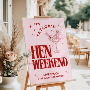 Personalized pink and red cocktail hen party welcome sign printed on premium white foam board with stylish cocktail glass illustrations. Custom bachelorette entrance board featuring name, event title, and date. Ideal for hen parties, bridal showers, girls’ nights, venue entrances, photo backdrops, and welcome displays. Lightweight durable foam board with smooth matte finish for a fun and elegant first impression