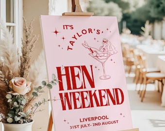 PERSONALIZED HEN Party Welcome Sign: Pink Red Cocktail BACHELORETTE Foam Board Entrance Decor
