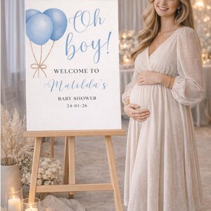 Letrero de bienvenida "Oh Boy": Decoración para baby shower con globos azules, letrero de entrada personalizado de cartón pluma. imagen 7