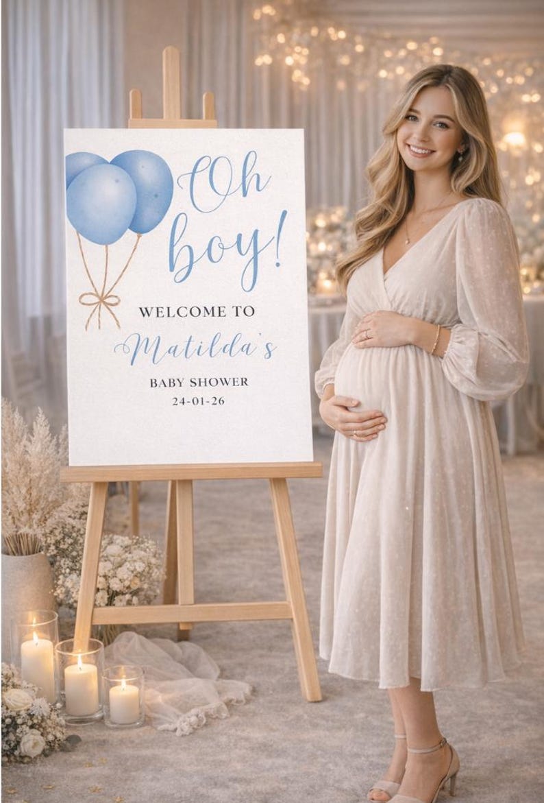 Letrero de bienvenida "Oh Boy": Decoración para baby shower con globos azules, letrero de entrada personalizado de cartón pluma. imagen 7