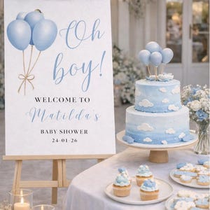 Letrero de bienvenida "Oh Boy": Decoración para baby shower con globos azules, letrero de entrada personalizado de cartón pluma. imagen 10