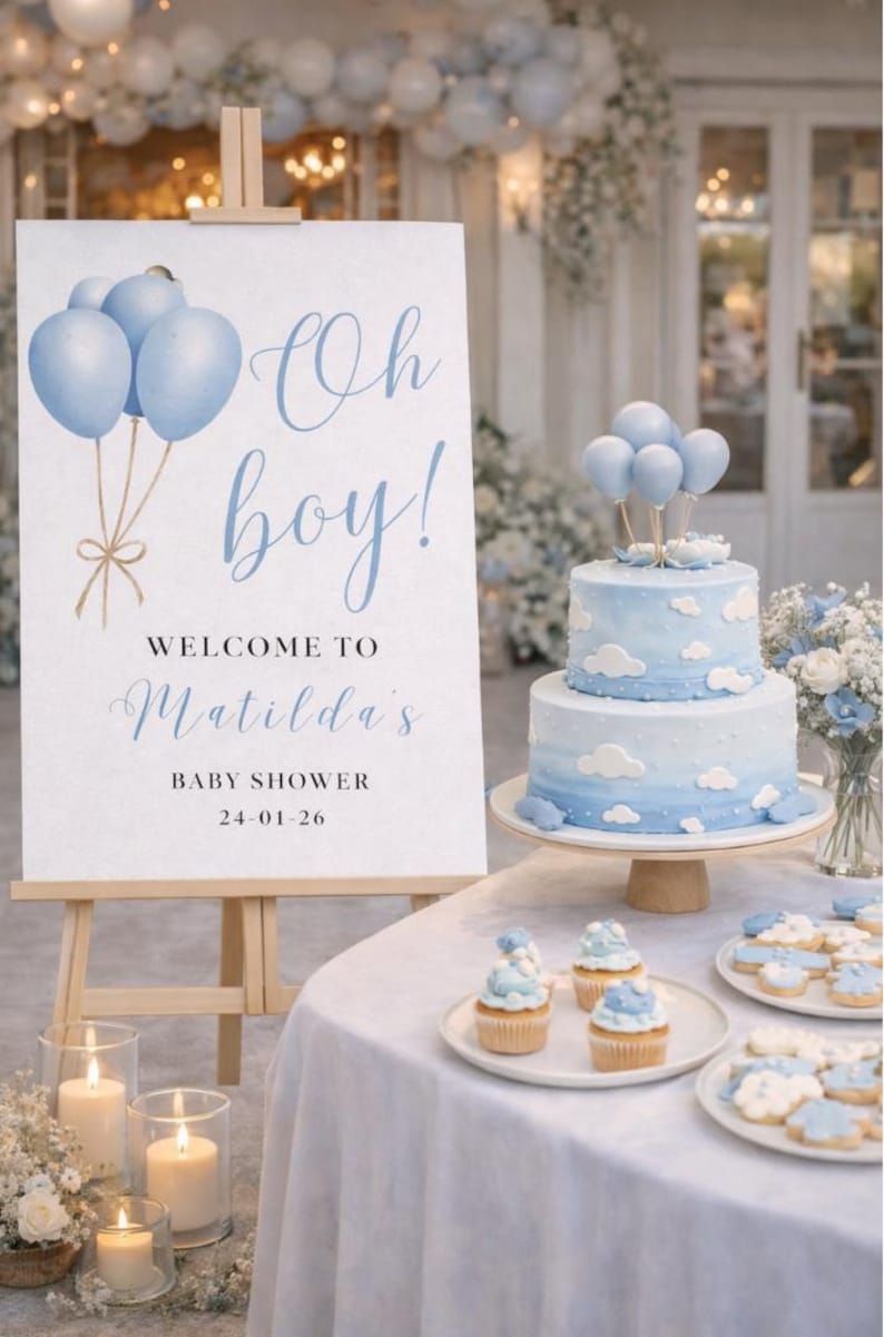Letrero de bienvenida "Oh Boy": Decoración para baby shower con globos azules, letrero de entrada personalizado de cartón pluma. imagen 10