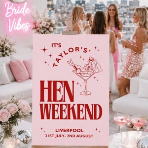 May include: A pink sign on an easel with the text "It's Taylor's Hen Weekend Liverpool 31st July- 2nd August". The sign has a red illustration of a bride in a martini glass. The background shows a rooftop party with women.