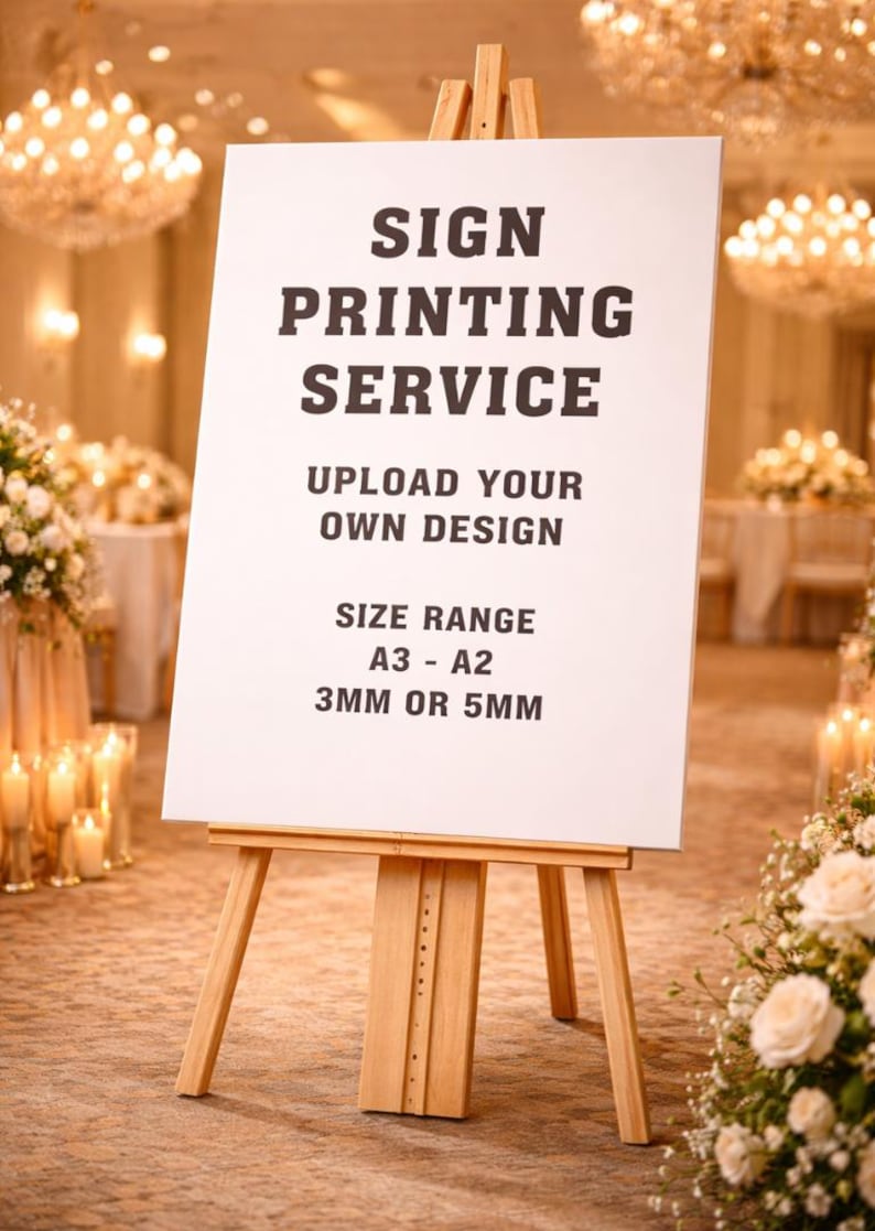 May include: A wooden easel displays a white sign with black text: "SIGN PRINTING SERVICE, UPLOAD YOUR OWN DESIGN, SIZE RANGE A3 - A2, 3MM OR 5MM." The sign is in a well-lit room with chandeliers and floral arrangements.