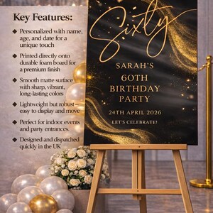 Personalised BIRTHDAY WELCOME SIGN: Custom Milestone Black Gold Glitter Birthday Board, Indoor Decoration image 12