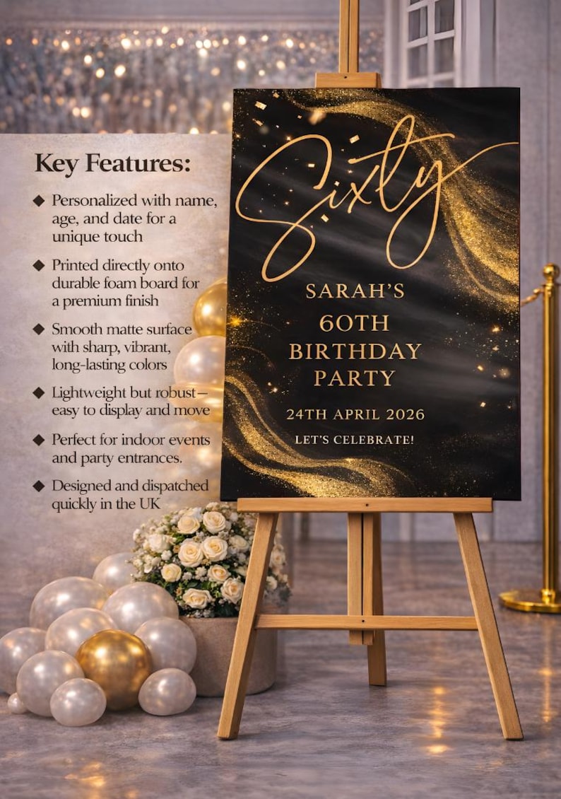 Personalised BIRTHDAY WELCOME SIGN: Custom Milestone Black Gold Glitter Birthday Board, Indoor Decoration image 12