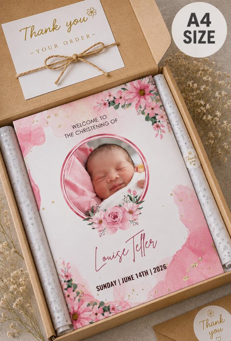 May include: A christening gift box featuring a baby's photo and name, with a card that says "Thank you". The main card reads "Welcome to the Christening of Louise Teller, Sunday, June 14th, 2026". The box is A4 size and includes decorative elements.