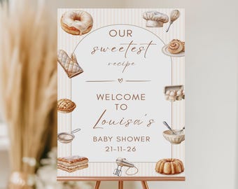 PERSONALIZED NEUTRAL Baby Shower Welcome Sign: Our Sweetest Recipe, Cream Stripe, Donut, Pastries, Cooking Foam Board Decor,  Custom Board