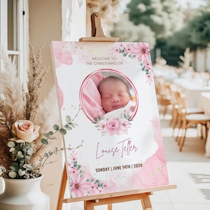 Personalized Pink Floral Christening Welcome Sign with baby photo printed on premium white foam board. Elegant baptism and naming day sign featuring soft pink flowers, gold accents, custom name, and event date. Perfect for baby girl christenings, baptisms, baby dedications, church celebrations, welcome displays, venue entrances, photo backdrops, and keepsake décor with a smooth matte finish