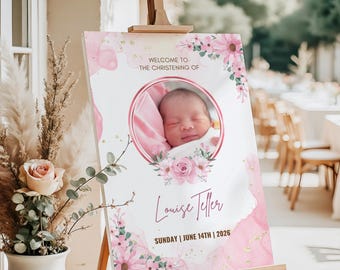 PERSONALIZED PINK FLORAL Christening Welcome Sign: Baby Girl Baptism Photo Foam Board Decor