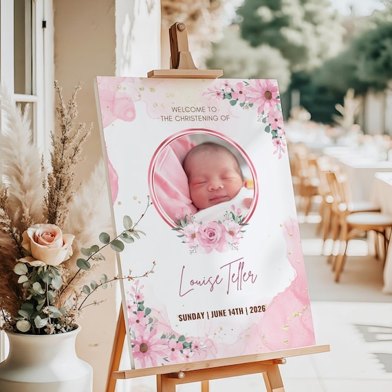 PERSONALIZED PINK FLORAL Christening Welcome Sign: Baby Girl Baptism Photo Foam Board Decor