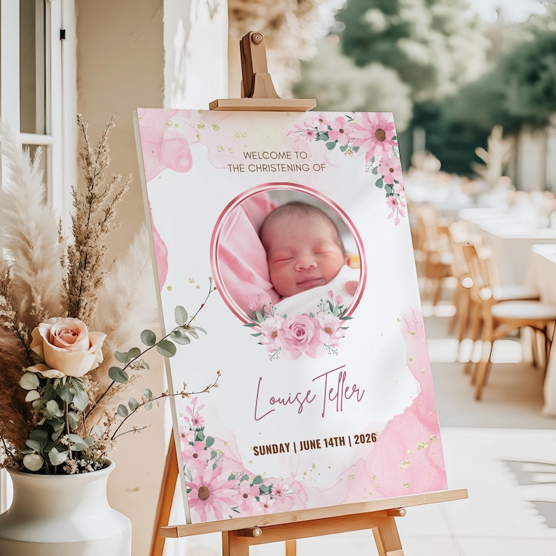 Personalized Pink Floral Christening Welcome Sign with baby photo printed on premium white foam board. Elegant baptism and naming day sign featuring soft pink flowers, gold accents, custom name, and event date. Perfect for baby girl christenings, baptisms, baby dedications, church celebrations, welcome displays, venue entrances, photo backdrops, and keepsake décor with a smooth matte finish