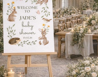 WOODLAND Baby Shower Welcome Sign: BUNNY Baby Shower Decor, PERSONALIZED Foam Board Sign