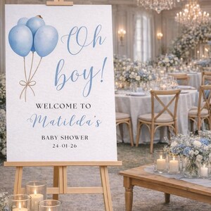 Letrero de bienvenida "Oh Boy": Decoración para baby shower con globos azules, letrero de entrada personalizado de cartón pluma. imagen 4