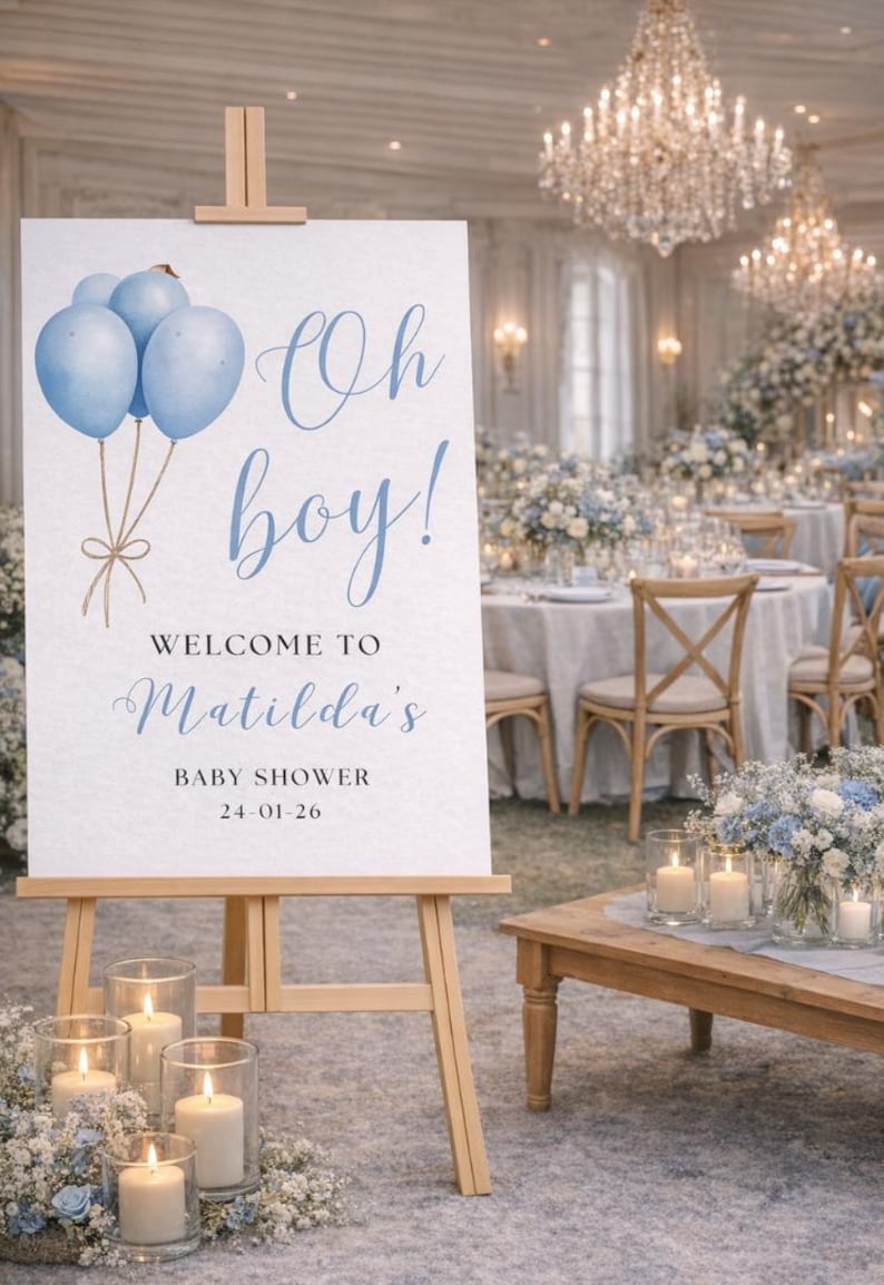 Letrero de bienvenida "Oh Boy": Decoración para baby shower con globos azules, letrero de entrada personalizado de cartón pluma. imagen 4