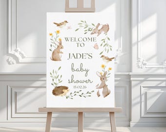 WOODLAND Baby Shower Welcome Sign: BUNNY Baby Shower Decor, PERSONALIZED Foam Board Sign