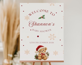 ELEGANT Baby Shower Welcome Sign: PERSONALIZED Christmas Baby Bear With Christmas Hat, Custom Foam Board Xmas Baby Christmas Baby Shower