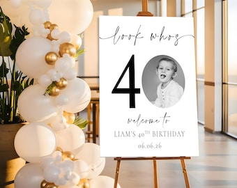 Look Who’s 40 BIRTHDAY WELCOME SIGN With Photo: Personalized Party Welcome Board