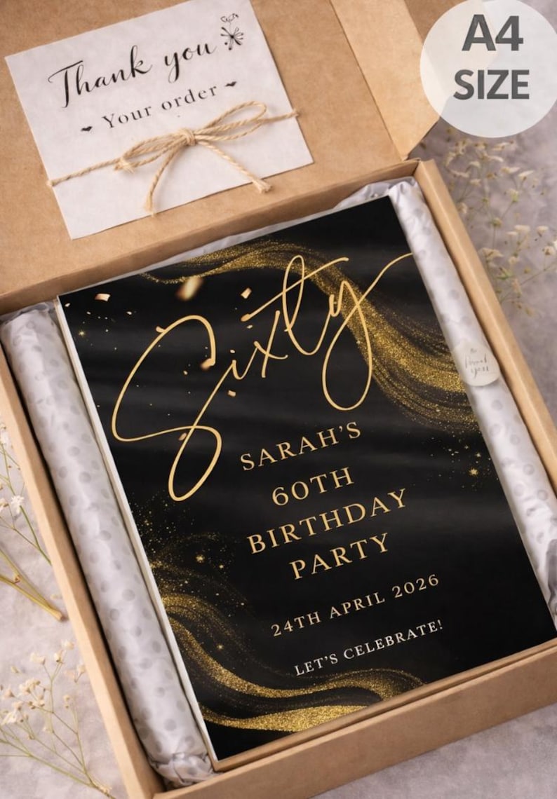 Personalised BIRTHDAY WELCOME SIGN: Custom Milestone Black Gold Glitter Birthday Board, Indoor Decoration image 5