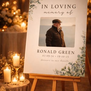 Peut inclure: Un panneau comm&eacute;moratif sur un chevalet en bois. Le panneau indique "IN LOVING memory of" au-dessus d'une photo d'un homme. En dessous de la photo se trouve le nom "RONALD GREEN" et des dates. De la verdure et des bougies entourent le panneau.