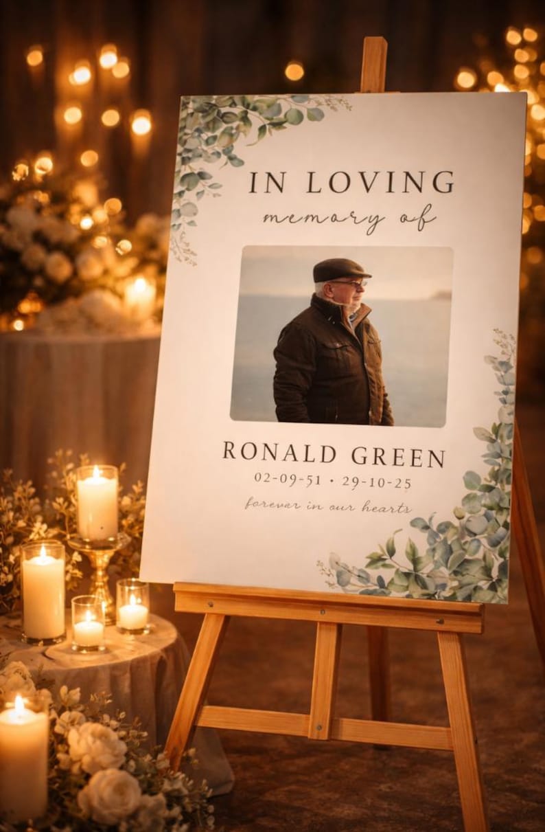 Peut inclure: Un panneau comm&eacute;moratif sur un chevalet en bois. Le panneau indique "IN LOVING memory of" au-dessus d'une photo d'un homme. En dessous de la photo se trouve le nom "RONALD GREEN" et des dates. De la verdure et des bougies entourent le panneau.