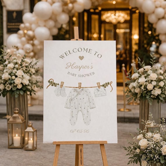 ELEGANT Baby Shower Welcome Sign: PERSONALIZED Baby CLOTHES Theme Decor, Custom Foam Board
