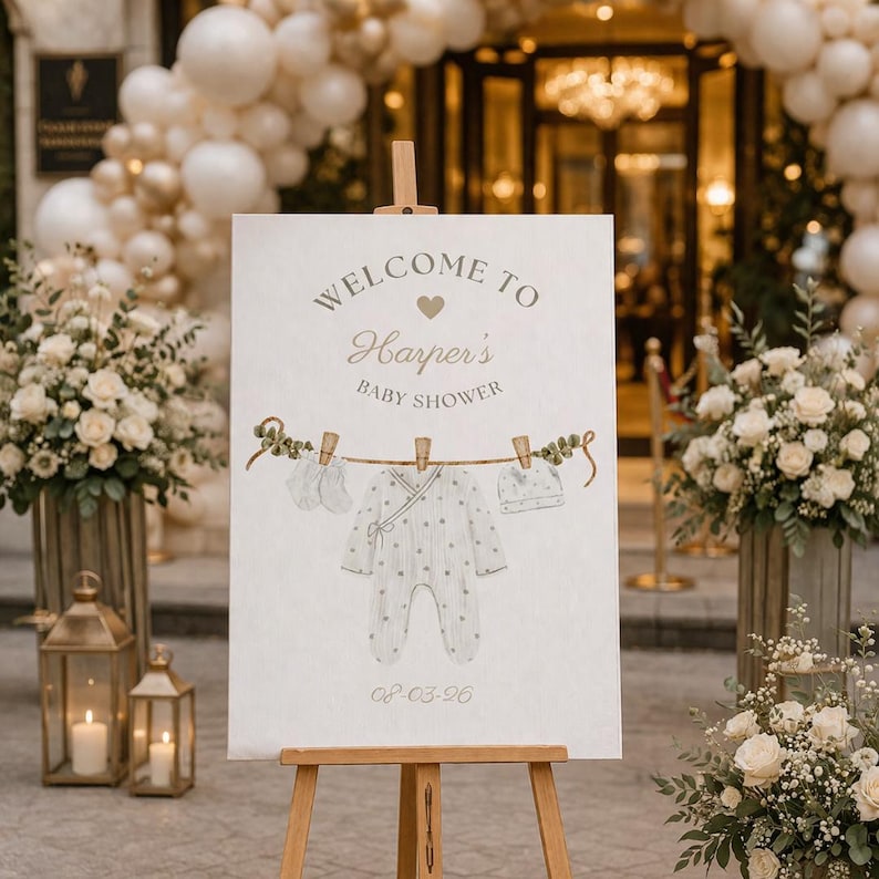 Personalized baby shower welcome sign featuring elegant baby clothes illustrations and soft neutral colors, printed on premium white foam board. Custom welcome board with name, event title, and date, perfect for baby shower entrances, gift tables, and photo areas. Stylish neutral baby shower decor designed for modern celebrations, creating a warm first impression and a beautiful keepsake after the event.