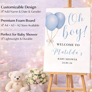 Letrero de bienvenida "Oh Boy": Decoración para baby shower con globos azules, letrero de entrada personalizado de cartón pluma. imagen 5