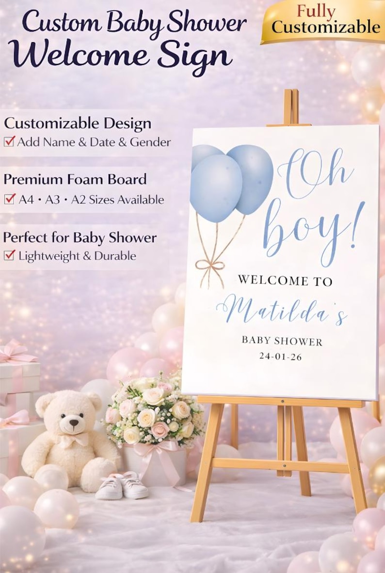 Letrero de bienvenida "Oh Boy": Decoración para baby shower con globos azules, letrero de entrada personalizado de cartón pluma. imagen 5