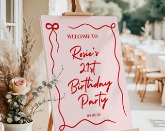Personalised Birthday Welcome Sign – Pink & Red Bow Party Board – Modern Bow Birthday Sign – Custom Milestone Foam Board Decor