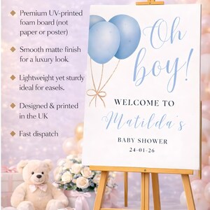 Letrero de bienvenida "Oh Boy": Decoración para baby shower con globos azules, letrero de entrada personalizado de cartón pluma. imagen 11