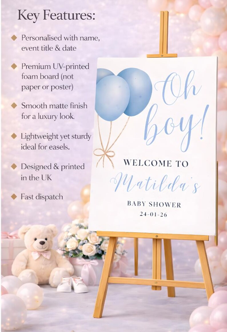 Letrero de bienvenida "Oh Boy": Decoración para baby shower con globos azules, letrero de entrada personalizado de cartón pluma. imagen 11