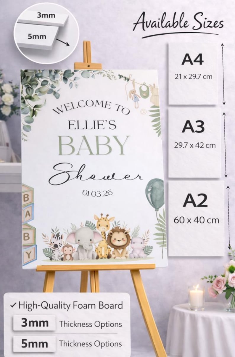 Pu&ograve; includere: Un cartello per baby shower su un cavalletto con la scritta "Welcome to Ellie's Baby Shower". Il cartello presenta un tema di animali della savana ed &egrave; disponibile nei formati A4 (21 x 29,7 cm), A3 (29,7 x 42 cm) e A2 (60 x 40 cm).