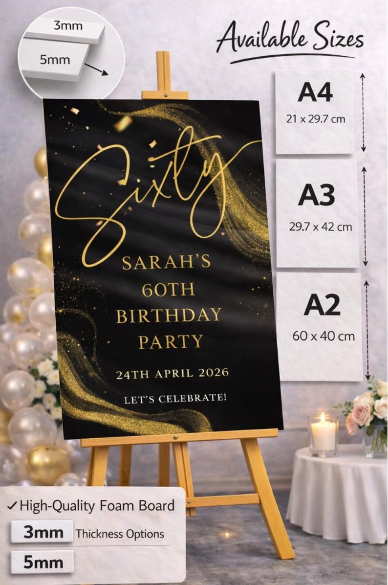 Personalised BIRTHDAY WELCOME SIGN: Custom Milestone Black Gold Glitter Birthday Board, Indoor Decoration image 3