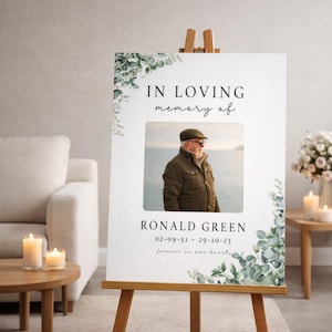Personalized FUNERAL PHOTO BOARD And Eucalyptus Memorial Sign: Celebration Of Life Foam Board